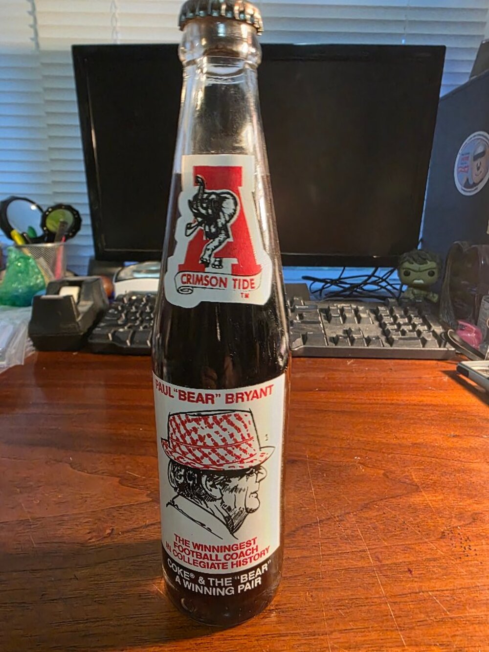 PAUL (BEAR) BRYANT COKE BOTTLE FULL WITH SPECIAL DATES ON BACK